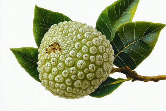 close-up of a single textured green spherical fruit on a woody branch with three glossy veined leaves, serene fresh botanical study