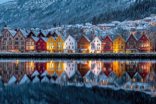 A picturesque view of colorful, snow-covered buildings lining a waterfront in Bergen, Norway, beautifully reflected in the calm water below.