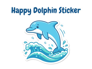 Obraz premium Cute happy dolphin jumping out of a wave, vector illustration sticker design