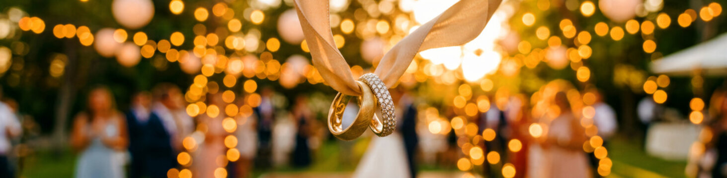 Two elegant golden wedding rings are tied together with a delicate silk ribbon creating a beautiful symbol of eternal love and commitment perfect for ceremonies showcasing classic jewelry design