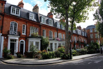 Obraz premium A row of charming red brick townhouses lines a quiet street, showcasing classic architectural details.