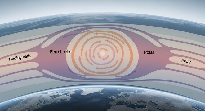 Crosssection of Earths atmosphere showing Hadley cells and polar cells.