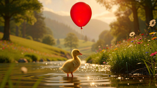 A tiny, fluffy yellow duckling, standing gently in the sparkling water, carefully holds the string of a bright red helium balloon, creating a heartwarming, adorable, and whimsical scene of innocent