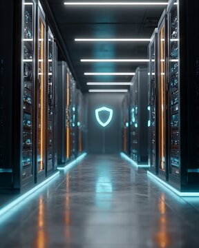 secure server room with glowing data protection shield, cyber security infrastructure concept,