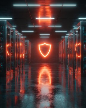 secure server room with glowing data protection shield, cyber security infrastructure concept,