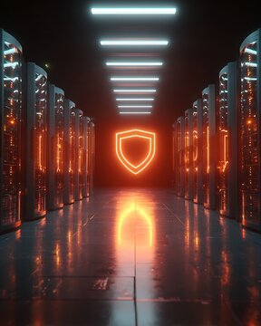 secure server room with glowing data protection shield, cyber security infrastructure concept,