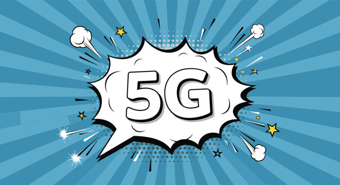 Fast 5G wireless network logo inside a white comic speech bubble set against a vibrant blue and white sunburst background.