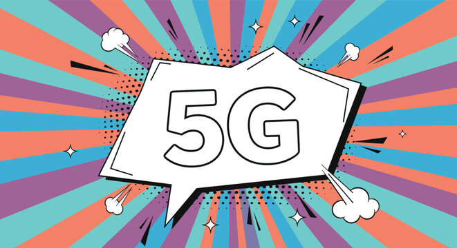 Modern 5G technology logo in a white comic speech bubble over a colorful retro striped background with various star shapes.