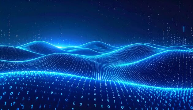 A dark blue digital landscape with glowing waves and binary code