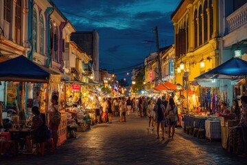 Fototapeta premium A vibrant night market scene unfolds along a bustling street lined with colorful buildings and illuminated stalls.