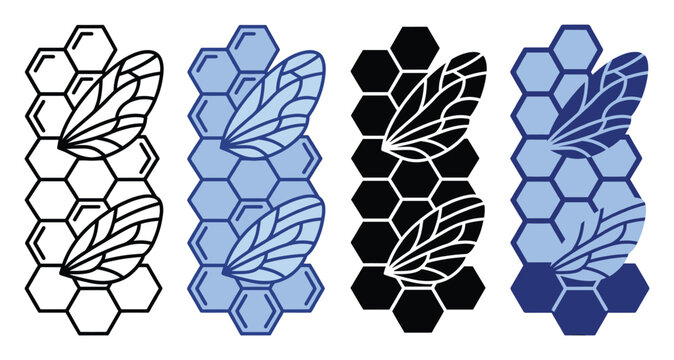 Set of hexagonal beehive cells combined with abstract insect wings in multiple color schemes including outline, solid, and twotone blue, ideal for logos, labels, and ecological themes.