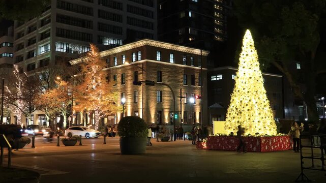 横浜ベイエリアのクリスマス・シーズンのイルミネーション　夜景と都市風景　タイムラプス