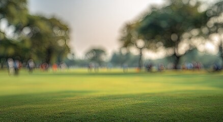 Fototapeta premium A blurred, serene outdoor scene showcases a lush green lawn and distant trees, creating a tranquil and dreamlike atmosphere.