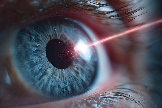 macro medical shot of slit lamp beam illuminating cornea, patient eye in focus, ophthalmologist examining closely
