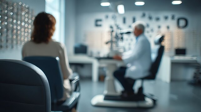 modern ophthalmology clinic, patient sitting in exam chair facing blurred eye chart, optometrist guiding vision test