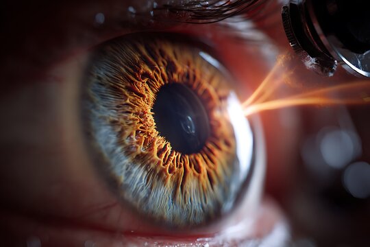 macro medical shot of slit lamp beam illuminating cornea, patient eye in focus, ophthalmologist examining closely