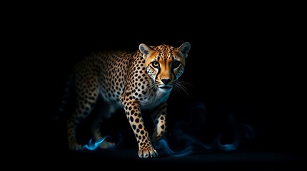 Fototapeta premium Majestic Cheetah with Blue Fire Aura, Powerful Animal Concept, Speed and Energy, Dark Background with Copy Space