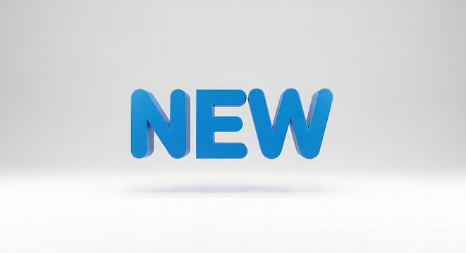 A blue 3D rendering of the word NEW on a white background
