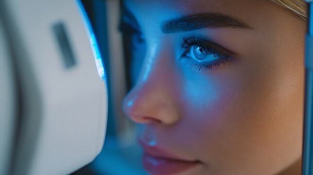 patient placing chin on autorefractor machine, alignment with scanning lens,