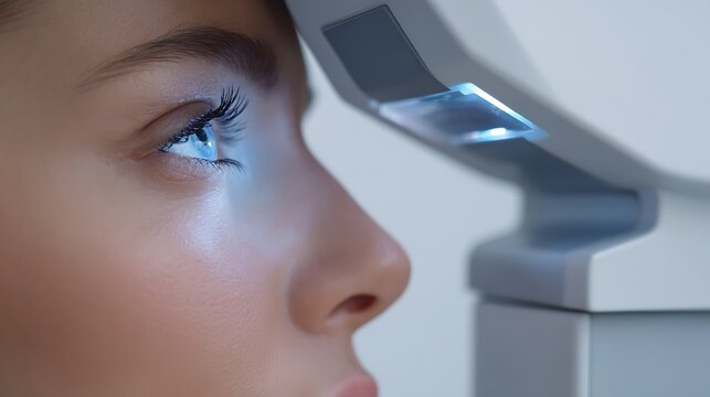 patient placing chin on autorefractor machine, alignment with scanning lens,