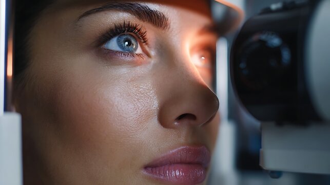 retinal imaging process with fundus camera device, patient positioned with chin rest
