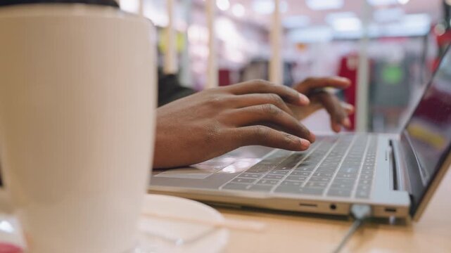 Black hands typing laptop next to coffee, freelancer working in bustling cafe, mug in foreground, mall backdrop bokeh, relaxed posture, casual remote work scene, wifi hotspot vibes