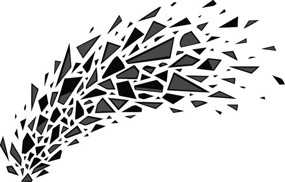 Abstract particle explosion effect, geometric shapes fragmenting and scattering into a dynamic motion, representing disintegration and chaos