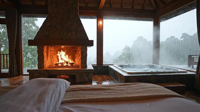 Cozy luxury spa retreat with a fireplace and jacuzzi, offering relaxation and wellness amidst a stunning mountain nature view on a rainy day