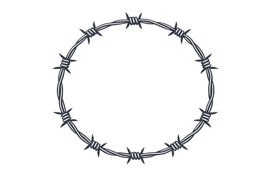 Barbed Wire Circle Frame Vector Illustration, Restrictive Border Made of Sharp Metal Wire with Barbs, Minimalist Flat Design for Security, Prison, War, or Boundary Concepts on White Background.