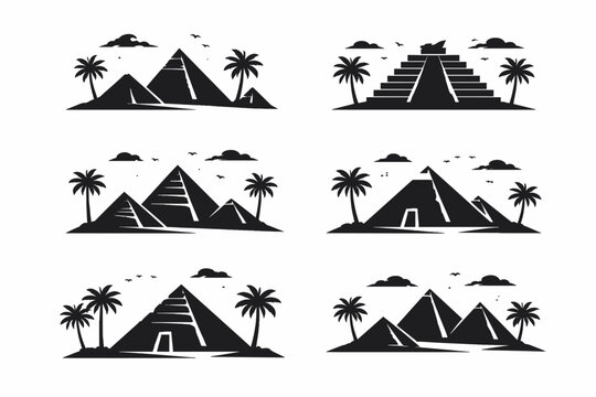Ancient Pyramid Silhouette Icons Set with Egyptian Giza and Mayan Aztec Temples, Palm Trees, Clouds, and Birds in a Desert Landscape. Simple Flat Vector Illustration for Travel and History.