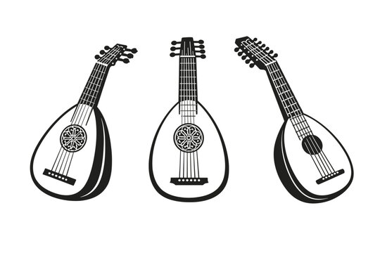 Set of three black and white lute vector illustrations featuring historical stringed musical instruments from different perspectives, simple flat design icons for music, history, and culture.