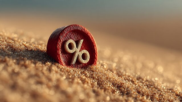 Percentage sign buried in the sand represents seasonal summer sales and interest rate changes for financial marketing on a bright sunny beach with copy space