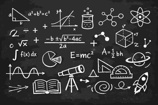 Educational background featuring hand-drawn white chalk sketches of mathematical formulas, physics equations, science symbols, and geometry tools on a classic black chalkboard for school themes.
