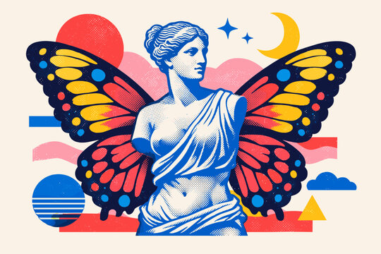 Creative Risograph Illustration of a Classical Greek Statue with Vibrant Butterfly Wings, Modern Surreal Collage Art with Halftone Textures, Retro Pop Art Style with Geometric Shapes and Moon