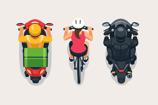 Top View Vector Illustration of People Riding Various Vehicles Including a Delivery Man on a Red Scooter with a Green Box, a Woman on a Bicycle with a Helmet, and a Biker on a Black Motorcycle