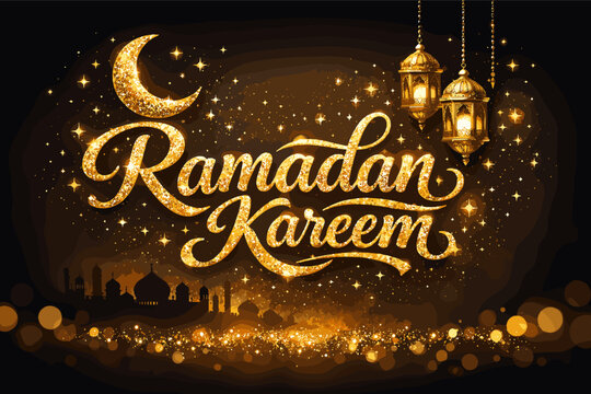 Ramadan Kareem Luxury Golden Glitter Text Effect with Crescent Moon, Hanging Lanterns, and Mosque Silhouette on Dark Background. Elegant Islamic Greeting Card for Eid Mubarak Celebration Design.