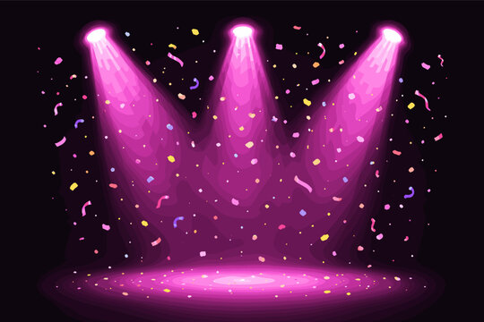 Pink Glowing Stage Spotlights with Falling Colorful Confetti and Festive Party Light Beams Isolated on Black Background for Celebration, Concert, Show, Event, and Performance Vector Illustration.