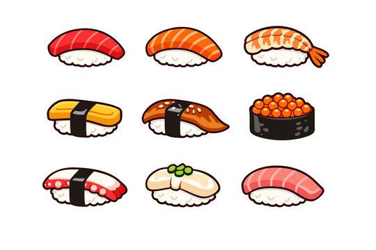 Traditional Japanese Sushi Nigiri Icons Set Featuring Salmon, Tuna, Shrimp, Eel, Egg, Octopus, and Ikura. Flat Vector Illustration of Delicious Seafood Delicacies for Restaurant Menu and Branding.
