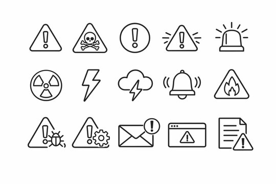 Warning and Alert Outline Icon Set with Caution Triangles, Error Notifications, Emergency Alarms, Radiation, Toxic Hazard, Fire Danger, Lightning, Storm, and System Bug Symbols for Web and App UI