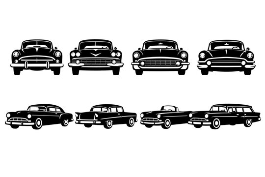 Set of Vintage 1950s Classic Car Silhouettes Vector Illustration Featuring Retro American Automobiles in Front and Side Views Including Sedan Convertible and Station Wagon Icons for Design