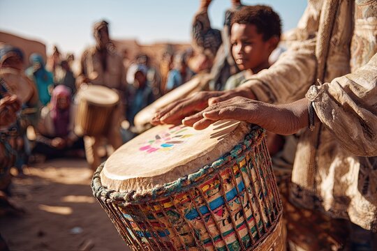 A young boy passionately plays a traditional drum surrounded by a vibrant community celebration.