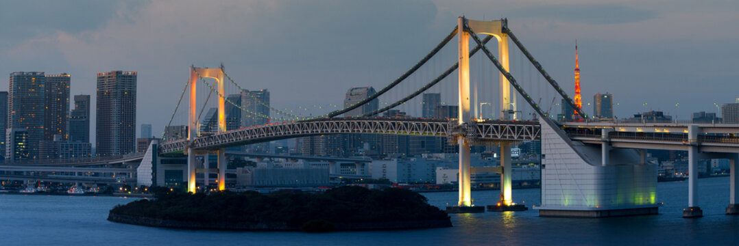 Tokyo Rainbow Bridge with City Skyline and Bay. Panorama Aspect Ratio