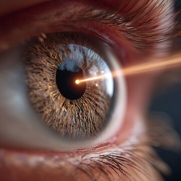 macro eye with dilated pupil under examination light, ophthalmologist checking retina condition