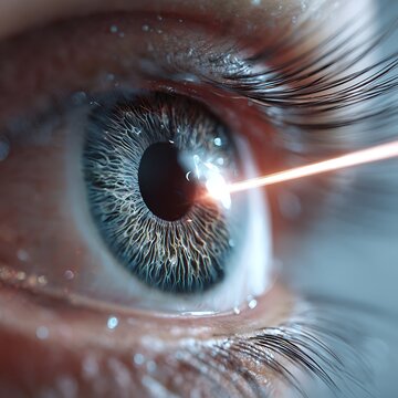 macro eye with dilated pupil under examination light, ophthalmologist checking retina condition
