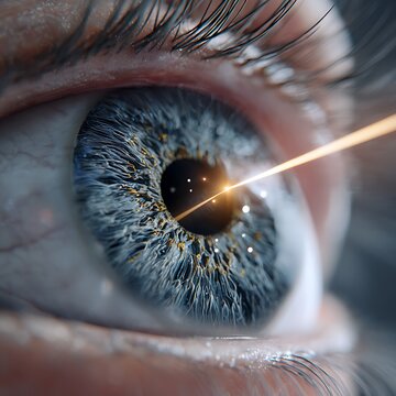 macro eye with dilated pupil under examination light, ophthalmologist checking retina condition