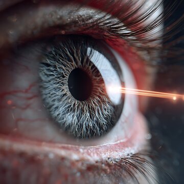 macro eye with dilated pupil under examination light, ophthalmologist checking retina condition