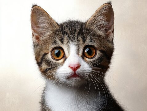 close-up of a brown and white domestic cat with upright ears, visible whiskers and white chest against a soft neutral background, calm and curious mood