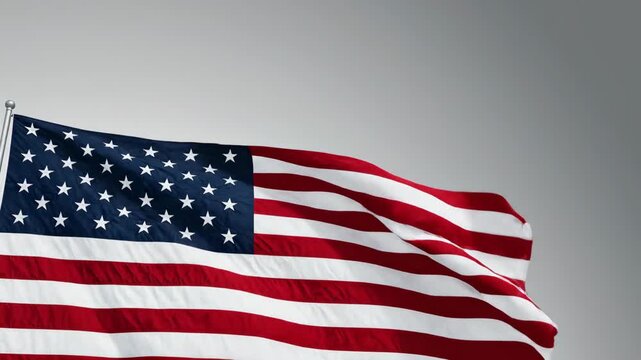 American flag waving in wind against plain grey background