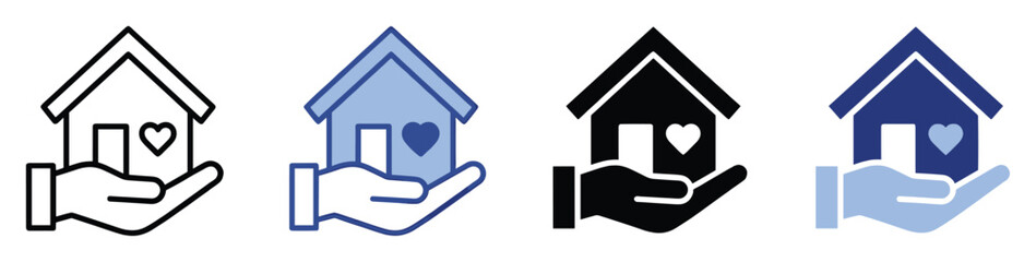 Hand holding a house with a heart symbol, representing home care, charity, and community support, ideal for real estate, social responsibility, and housing initiatives icons.
