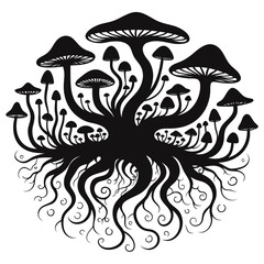 Fototapeta premium Black mushroom, fungi, illustration, vector, root system, mycelium, organic, decorative